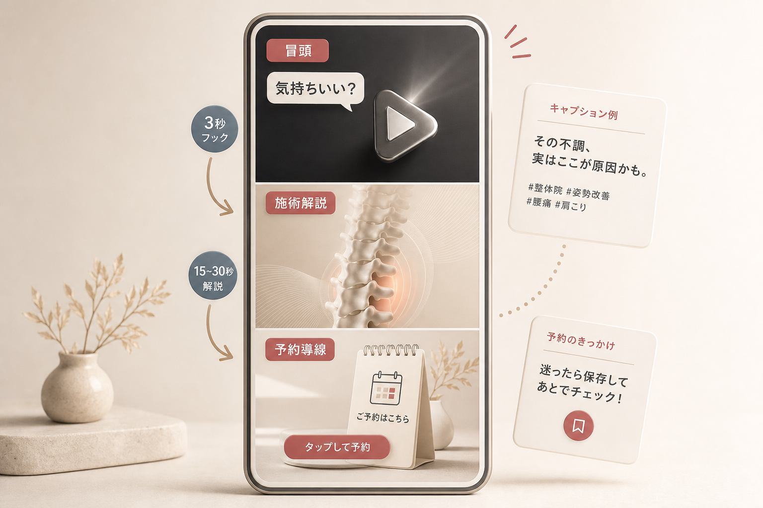 整体のリール動画の構成（冒頭フック・施術解説・予約導線）を示す図