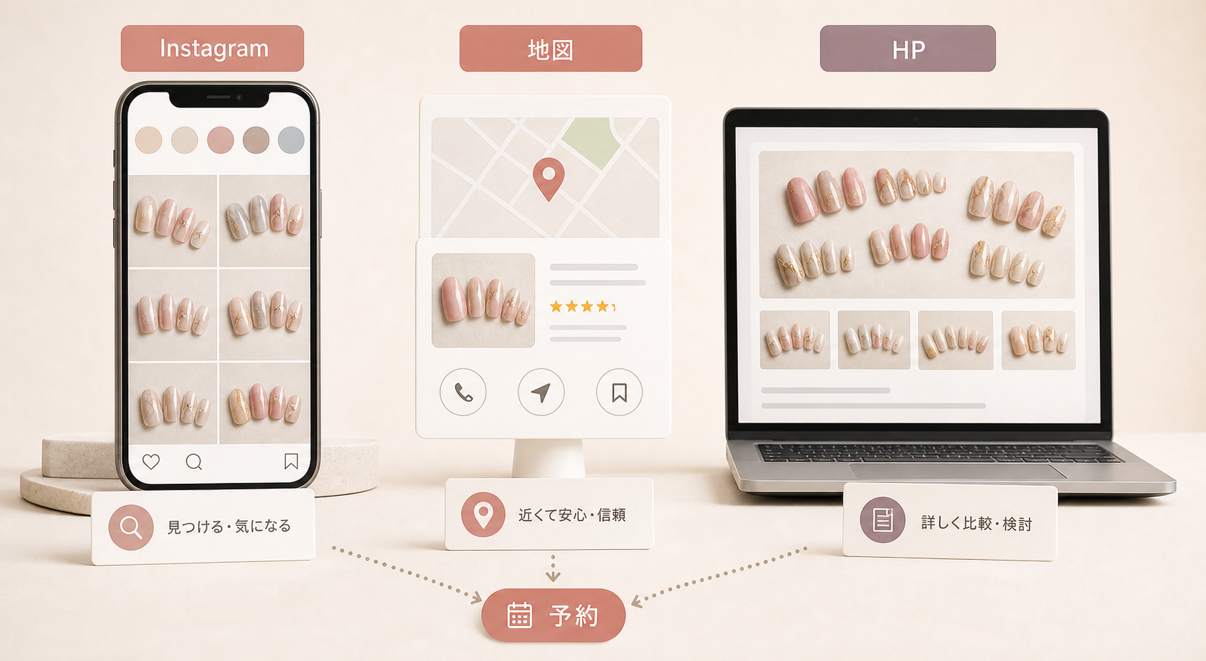 Instagram、Googleマップ、ホームページで事例の役割を分けた図